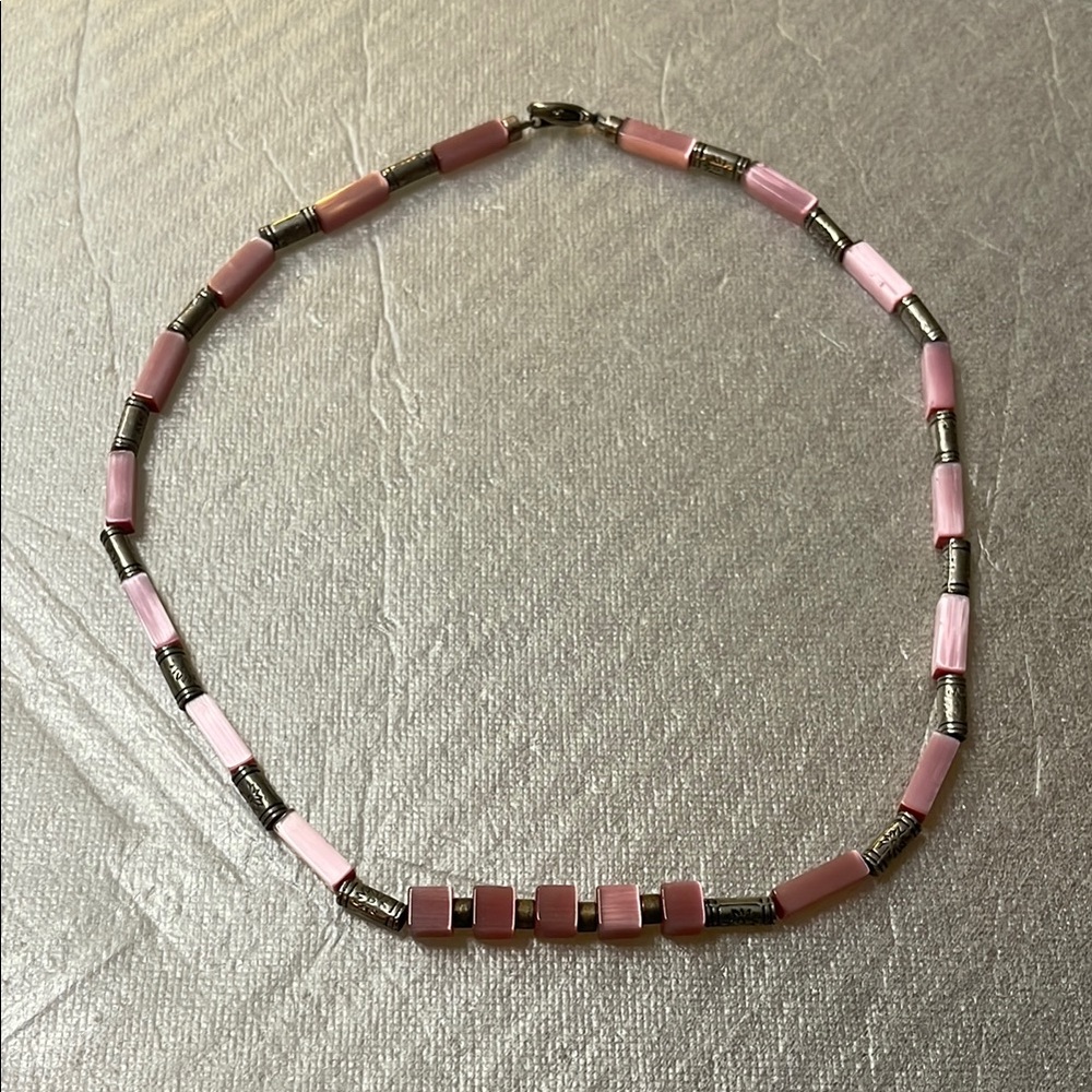 Iridescent Pink Rectangular Bead Necklace